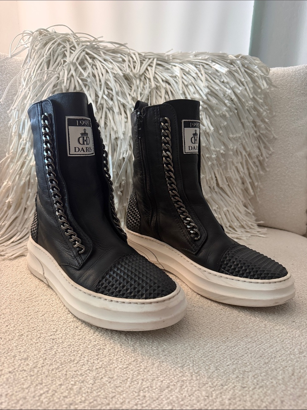 Black Leather Lace-Up Platform Boots with Chain Trim 36 (US women’s 6)
